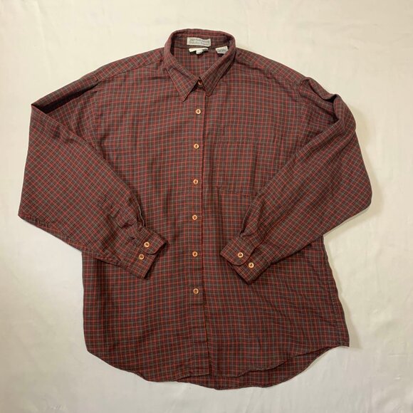 VTG 80s Tabi International Brown Red Plaid Button Down Long Sleeve Shirt Pocket - Picture 1 of 5